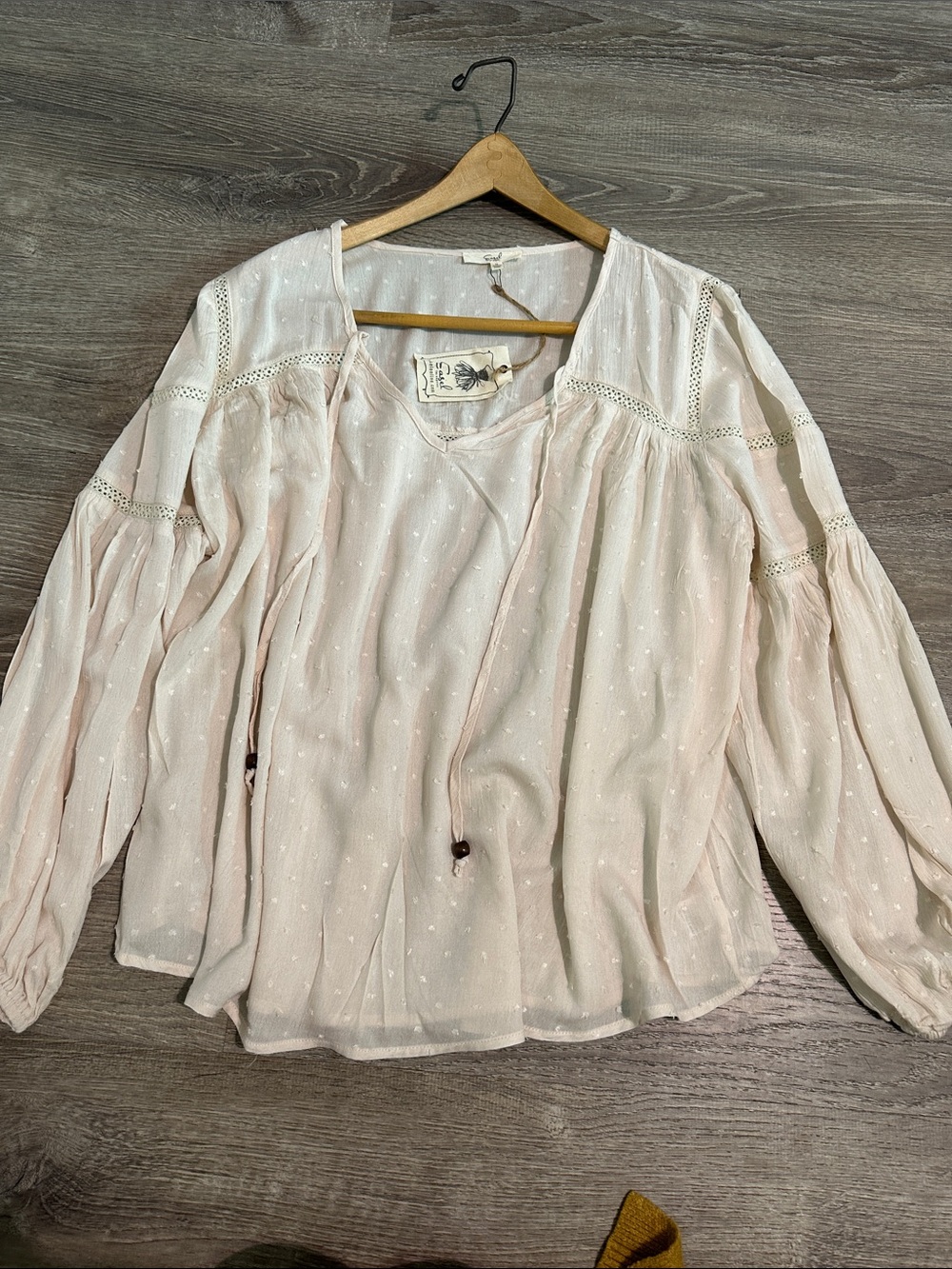 easel Ivory Color Peasant Tunic with Lace Insets Gathered Detail Textured